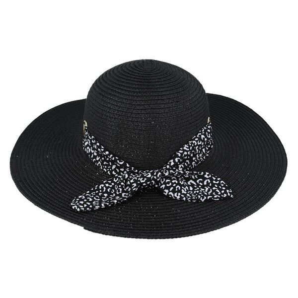 Maz Ladies Summer Paper Straw Wide Brim Floppy Hat With Leopard Band